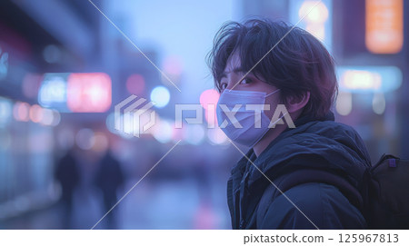 masked person in casual wear stands in hazy cityscape, exuding neutral expression amidst blurred buildings 125967813