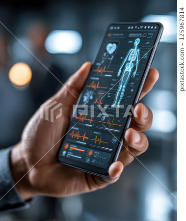 hand holds smartphone displaying healthcare data with vital signs and human anatomy graphic, showcasing modern technology 125967814