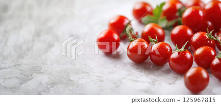 Fresh cherry tomatoes scattered on marble surface, showcasing vibrant colors and natural light, perfect for culinary use 125967815