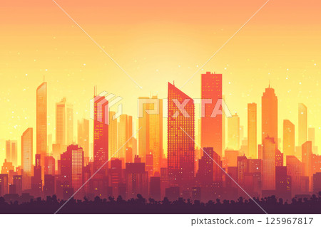 futuristic city skyline at dusk with warm orange tones and open space below, creating vivid and crisp atmosphere 125967817