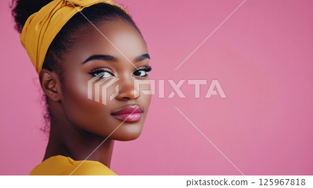young woman with headband poses against pink background, showcasing beauty and confidence 125967818