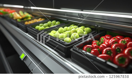 Fresh produce sorting system with vibrant fruits and vegetables displayed 125967838