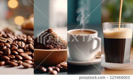 captivating journey of coffee from roasted beans to steaming cup, showcasing process of grinding, brewing, and enjoying 125968003