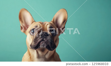 Doubtful French bulldog with large ears and expressive eyes against teal background 125968010