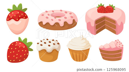 Dessert Collection Featuring Strawberries, Donut, Whole Cake, Cupcakes, and Cake Slice 125968095