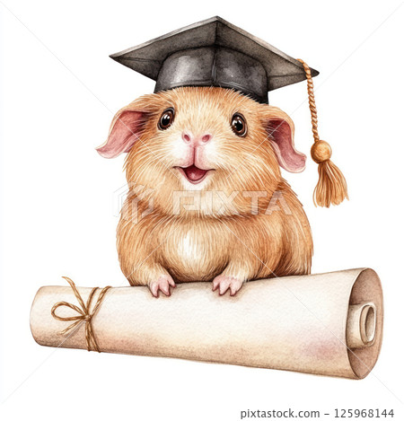 Happy guinea pig wearing tiny graduation cap, sitting on diploma scroll, celebrating achievement with joy and pride 125968144