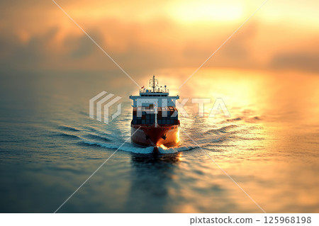 Freighter carrying goods in Gulf of Mexico at sunset, creating serene atmosphere 125968198
