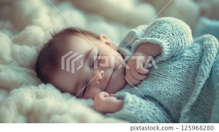 Baby sleeping peacefully with faint smile, whispers of happiness surround. Soft lavender and baby blue tones create serene 125968280