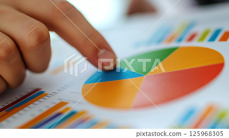 close up of pie chart with finger pointing at specific data during meeting, highlighting important information 125968305