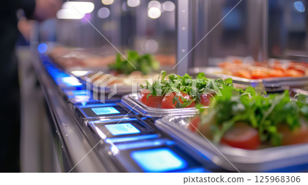 close up of food tracking system with RFID technology, showcasing fresh salads and ingredients 125968306