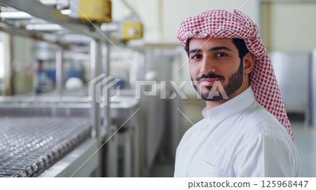 Arab entrepreneur overseeing production processes in factory, showcasing leadership and success 125968447