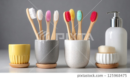 Bamboo toothbrushes in ceramic holders with soap dispenser and sponge on white surface, clean and eco friendly 125968475