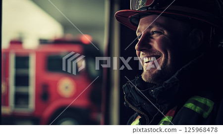 cheerful firefighter smiling warmly in firehouse, with red fire truck visible in background 125968478