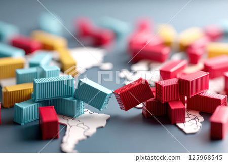Global trade tensions between USA and China symbolized by colorful shipping containers on world map 125968545