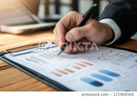 Analyzing financial data with graphs and charts on clipboard 125968568
