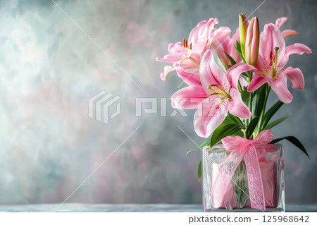 Beautiful pink lilies in clear vase with soft ribbon, perfect for romantic theme Beautiful pink lilies in clear vase with soft ribbon, perfect for romantic theme 125968642