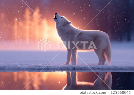 Majestic white wolf howling by frozen lake, glowing sunset and snowflakes create serene, mystical atmosphere 125968645