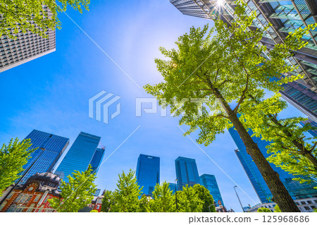 New view of Tokyo cityscape in Japan. View of Tokyo Station Marunouchi North Exit, Tokyo Station Red Brick Building, Haro, Yaesu and other buildings 125968686