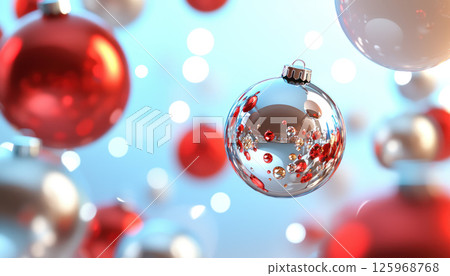 Shiny Christmas baubles in red and silver create festive atmosphere 125968768