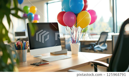 cheerful office desk setup with colorful balloons, computer, and stationery, creating festive and playful atmosphere 125968791