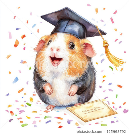 Happy guinea pig in graduation cap, surrounded by confetti and diploma, celebrating joyful achievement 125968792
