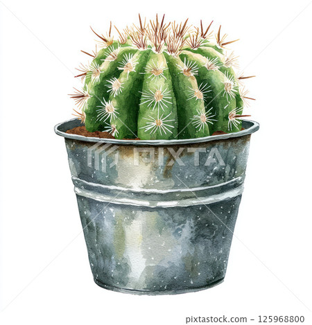 Watercolor style depiction of cute cactus in metal pot, showcasing its vibrant green color and unique spines Watercolor style depiction of cute cactus in metal pot, showcasing its vibrant green color and unique spines 125968800
