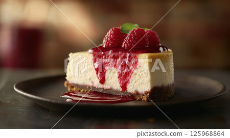 close up of creamy cheesecake slice topped with fresh raspberries and raspberry coulis 125968864