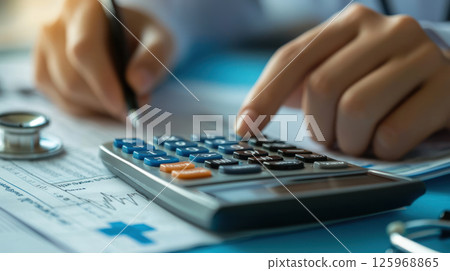 Close up of hand using calculator on medical document, focusing on healthcare financial analysis and cost management 125968865