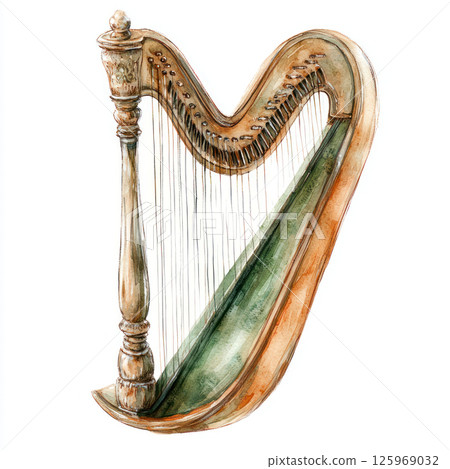 Watercolor depiction of harp, showcasing intricate details and vibrant colors, perfect for festive occasions 125969032