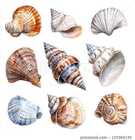 collection of watercolor seashells featuring various shapes, textures, and colors, evoking coastal and serene vibe 125969195