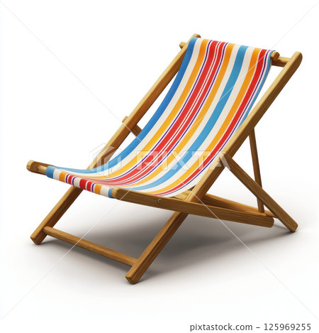Colorful striped wooden deck chair on white background, evoking relaxing summer vibe 125969255