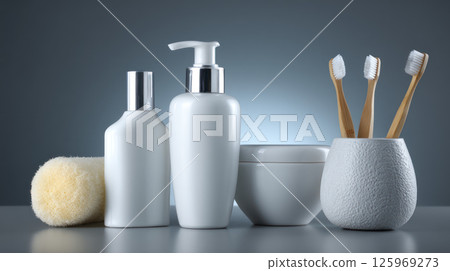 Clean dental hygiene products with white background and shadows, bright and professional lighting 125969273