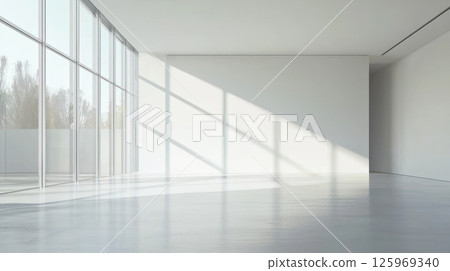 bright, minimalistic empty room with large floor to ceiling windows allowing natural light to flood space, creating serene and open atmosphere 125969340