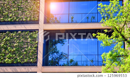 Green office building with plants on the facade. Ecology and green living in city, urban environment concept. Eco architecture. Green office building with plants on the facade. Ecology and green living in city, urban environment concept. Eco architecture. 125969553