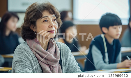 一位平靜的老年婦女在教室裡學習時表現出溫柔的表情 125969610
