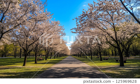 春天的公園裡盛開的櫻花隧道 125969628