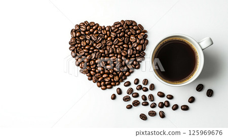 Coffee beans arranged in a heart shape and a cup of black coffee 125969676