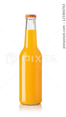 Orange juice or soft drink in glass bottle with crown cap reflecting on white background Orange juice or soft drink in glass bottle with crown cap reflecting on white background 125969763