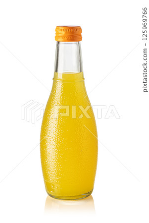 Refreshing orange juice in glass bottle with orange cap on white background 125969766