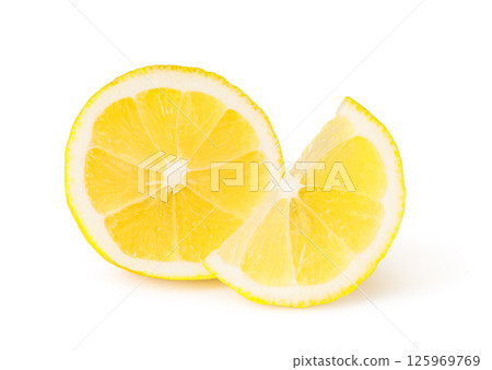 Sliced lemon showing juicy texture on white background 125969769