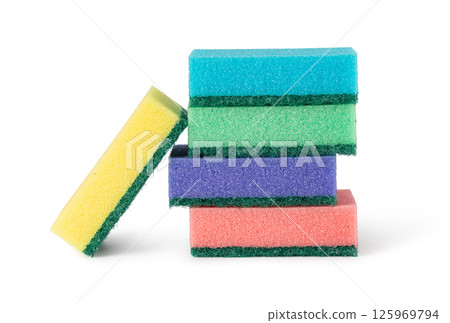 Colorful cleaning sponges stacked and leaning on white background Colorful cleaning sponges stacked and leaning on white background 125969794