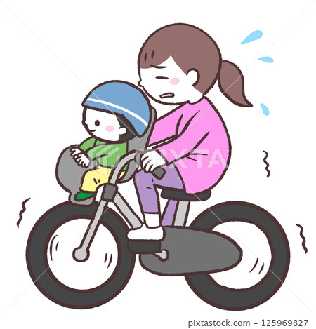 Illustration of a mother staggering around with a child in the front basket 125969827