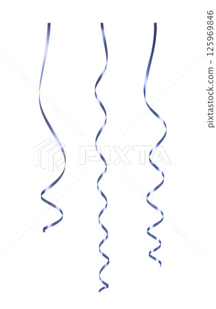 Three curly blue ribbons hanging on white background Three curly blue ribbons hanging on white background 125969846