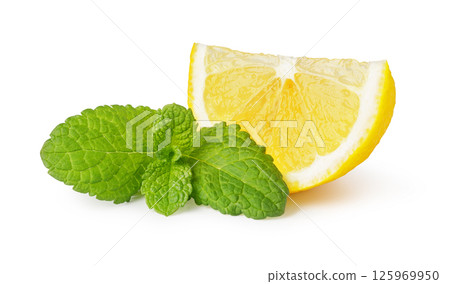 Fresh mint leaves resting on sliced lemons on white background 125969950