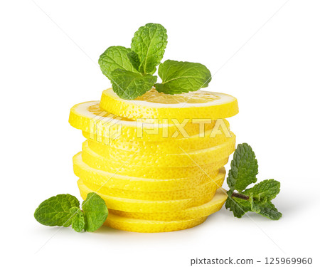 Sliced lemon with mint leaves on white background Sliced lemon with mint leaves on white background 125969960