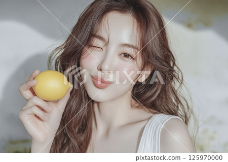 一位可愛的年輕女子拿著檸檬眨眼的肖像 125970000