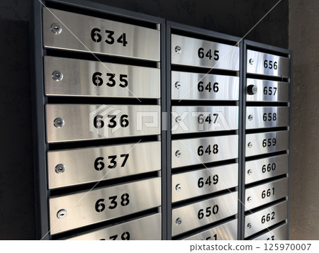 Row of modern stainless steel mailboxes with bold black numbers and built in locks mounted on dark wall in apartment building lobby, illustrating secure personal storage in urban residential space Row of modern stainless steel mailboxes with bold black numbers and built in locks mounted on dark wall in apartment building lobby, illustrating secure personal storage in urban residential space 125970007
