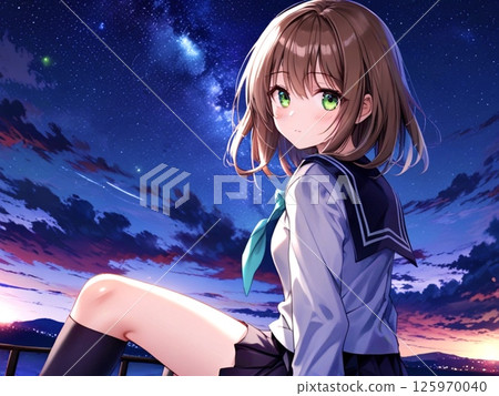 圖：身穿棕色頭髮、身著制服、背景為日落的美麗女孩 125970040