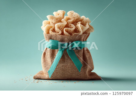 A loofah bag filled with foamy body wash perfect for a luxurious spa experience at home. A loofah bag filled with foamy body wash perfect for a luxurious spa experience at home. 125970097