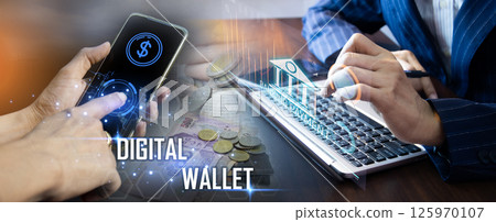Businessman using smartphone to make online payment with digital wallet, mobile banking, electronic wallet on blockchain technology, money transfer, credit card, finance and global online business. 125970107